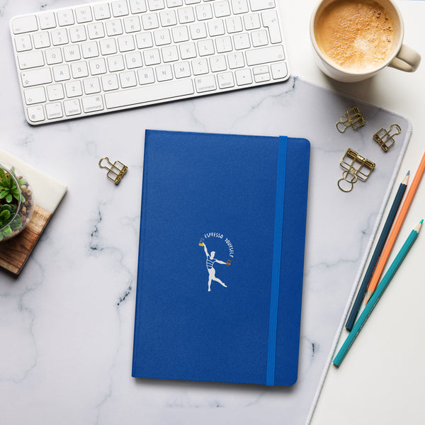 Blue Hardcover notebook featuring a silhouette holding a coffee cup and jar with the words "Espresso Yourself."