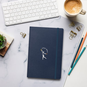 Navy Blue Hardcover notebook featuring a silhouette holding a coffee cup and jar with the words