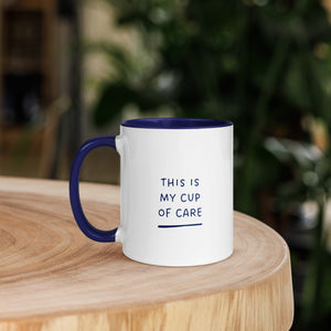 ceramic mug with 'My Cup of Care' design, dishwasher and microwave safe