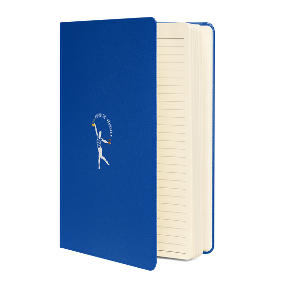 Blue Hardcover notebook featuring a silhouette holding a coffee cup and jar with the words "Espresso Yourself."