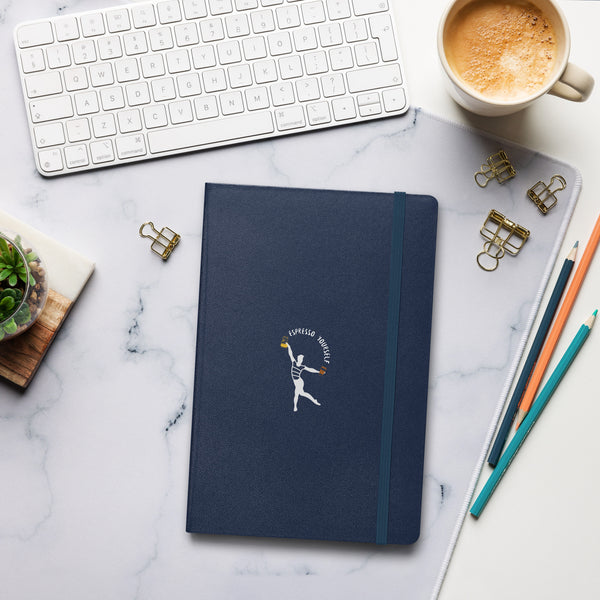 Navy Blue Hardcover notebook featuring a silhouette holding a coffee cup and jar with the words "Espresso Yourself."