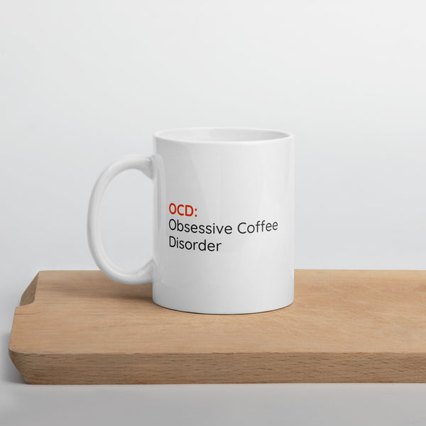 OCD - Obsessive Coffee Disorder" mug featuring stylish design, perfect for coffee aficionados. Microwave and dishwasher safe.